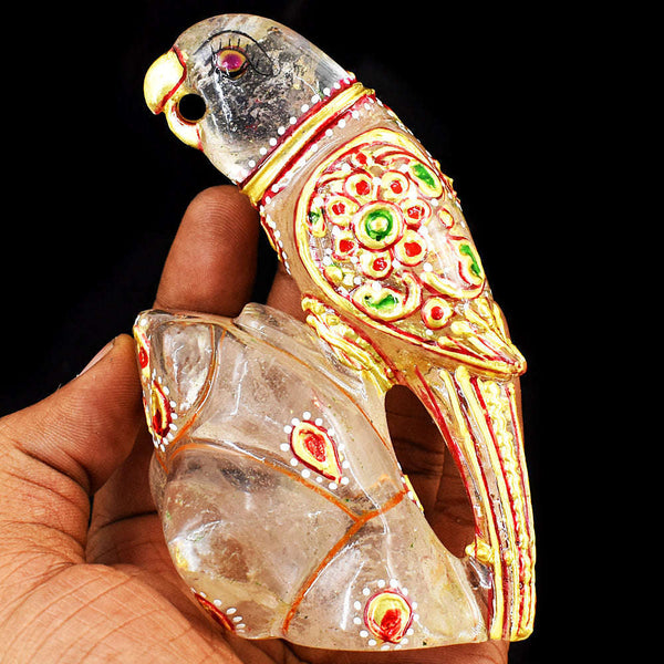 gemsmore:Craftsmen White Quartz Enamel Printed Hand Carved Genuine Crystal Gemstone Carving Parrot
