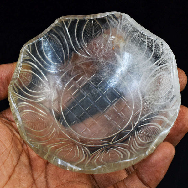 gemsmore:Craftsmen White Quartz Hand Carved Genuine Crystal Gemstone Carving Bowl