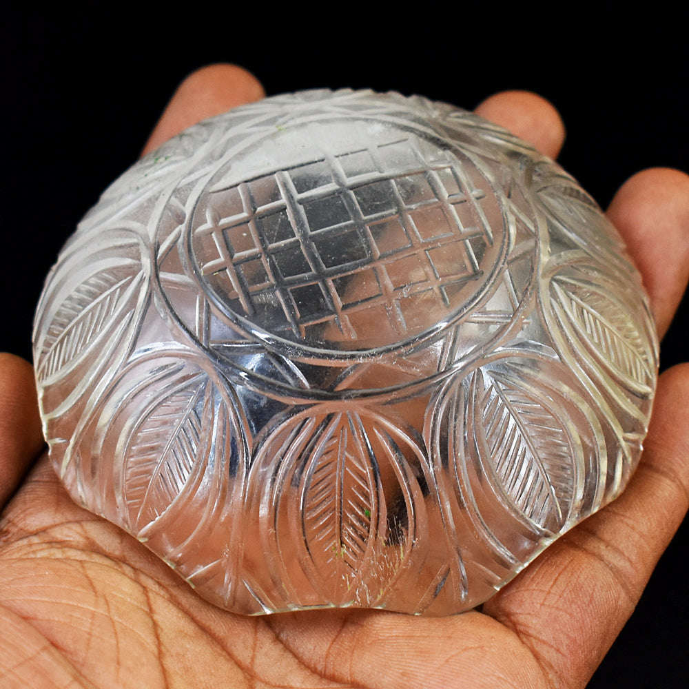 gemsmore:Craftsmen White Quartz Hand Carved Genuine Crystal Gemstone Carving Bowl