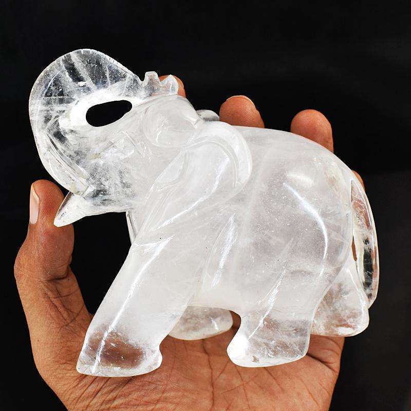 gemsmore:Craftsmen White Quartz  Hand Carved Genuine Crystal Gemstone Carving Elephant