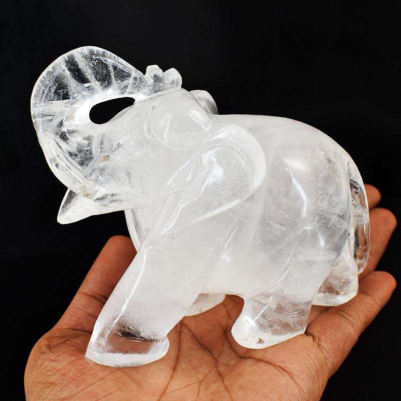 gemsmore:Craftsmen White Quartz  Hand Carved Genuine Crystal Gemstone Carving Elephant