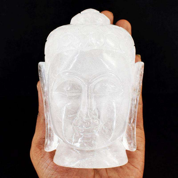gemsmore:Craftsmen White Quartz Hand Carved Genuine Crystal Gemstone Carving Massive Buddha Head