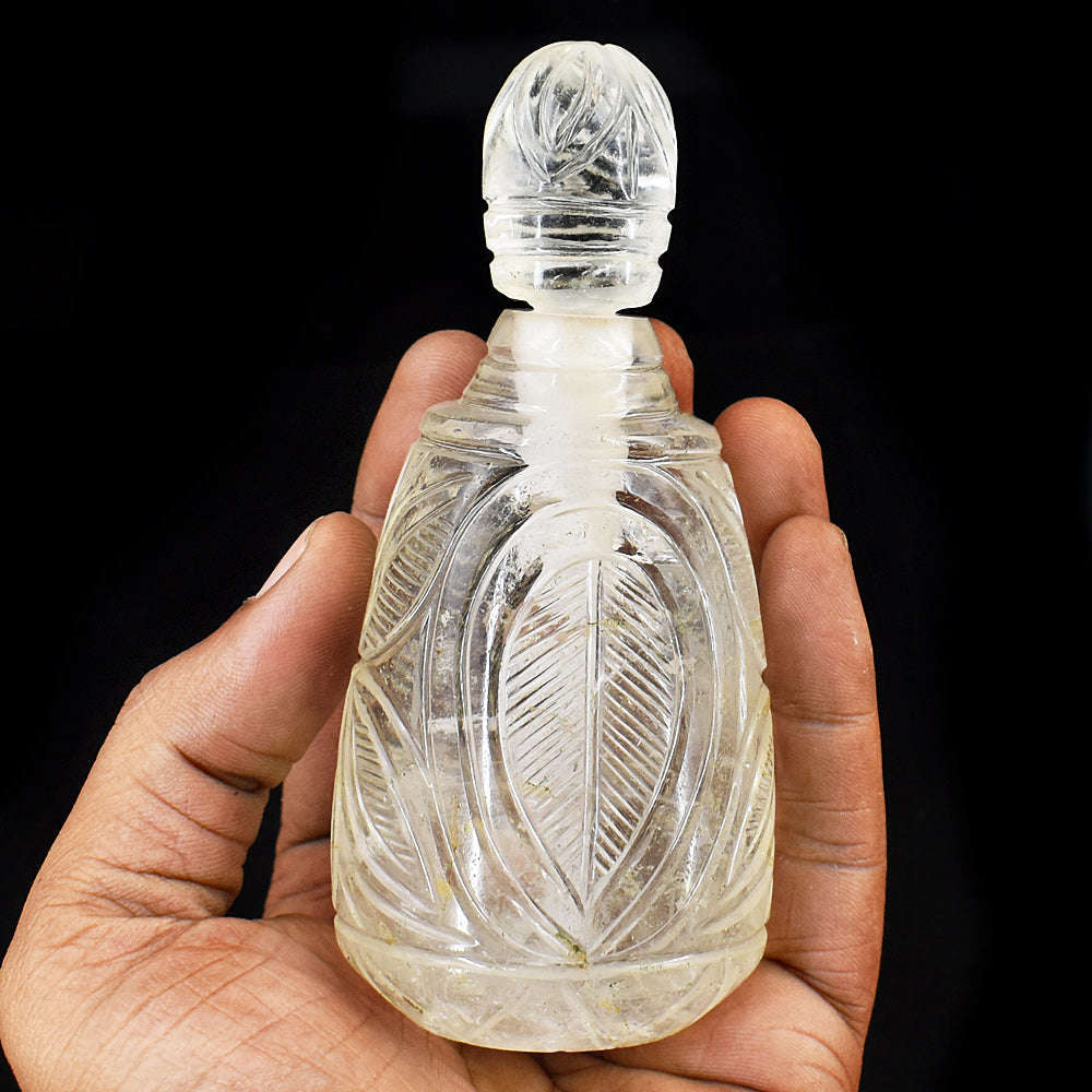 gemsmore:Craftsmen White Quartz Hand Carved Genuine Crystal Gemstone Carving Perfume Bottle