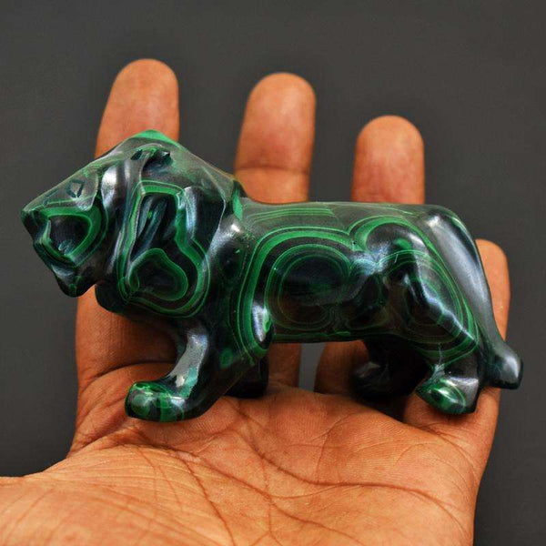 gemsmore:Dark Green - Genuine Malachite Hand Carved Lion
