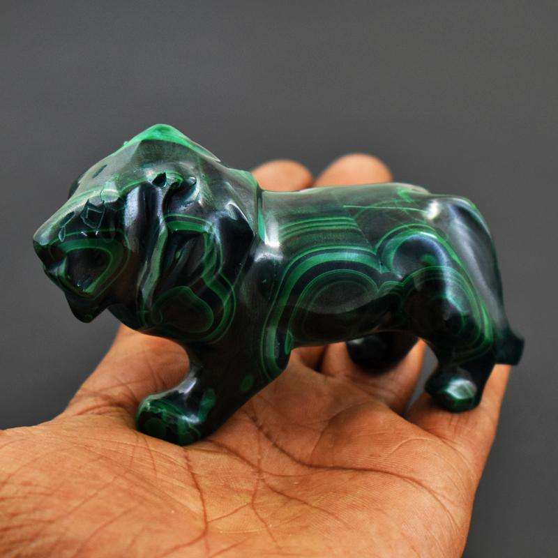 gemsmore:Dark Green - Genuine Malachite Hand Carved Lion