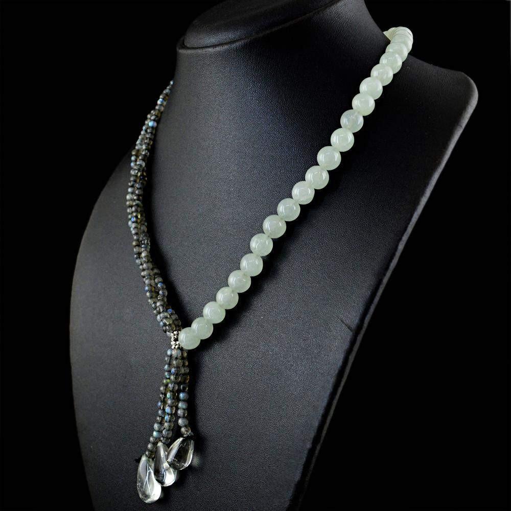 gemsmore:Designer Natural Blue Flash Labradorite & Green Aquamarine Necklace Untreated Round Beads