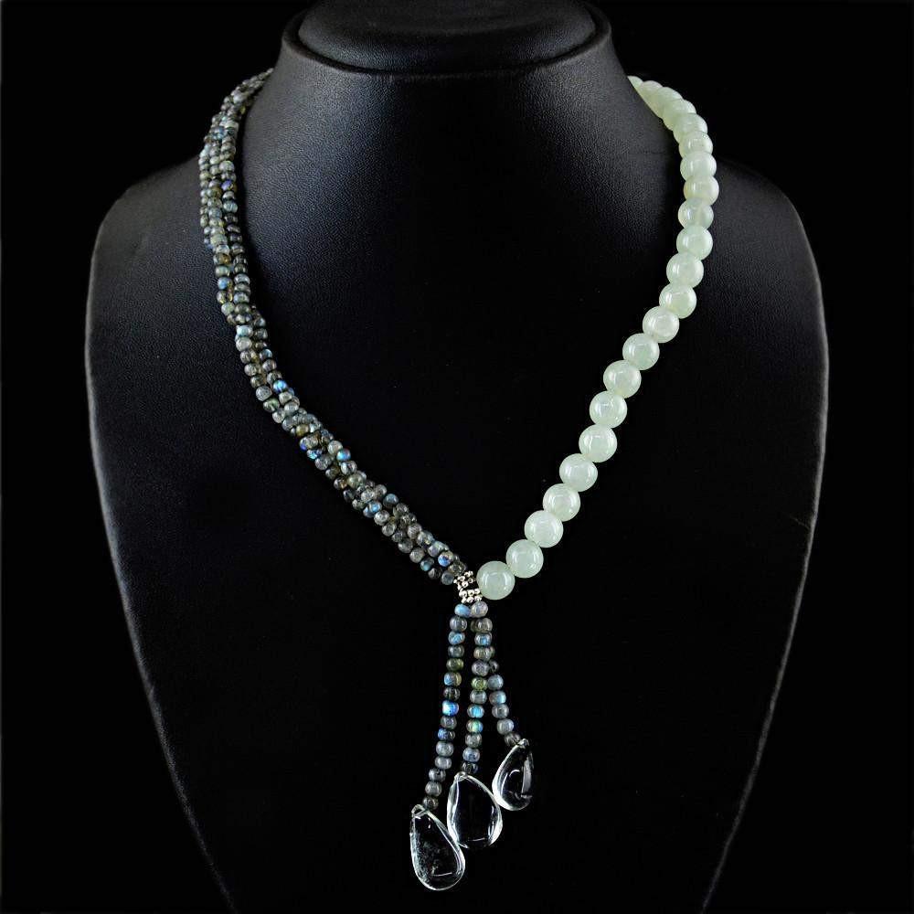 gemsmore:Designer Natural Blue Flash Labradorite & Green Aquamarine Necklace Untreated Round Beads