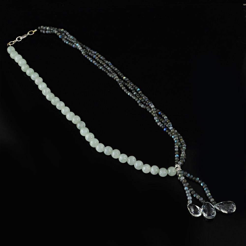 gemsmore:Designer Natural Blue Flash Labradorite & Green Aquamarine Necklace Untreated Round Beads