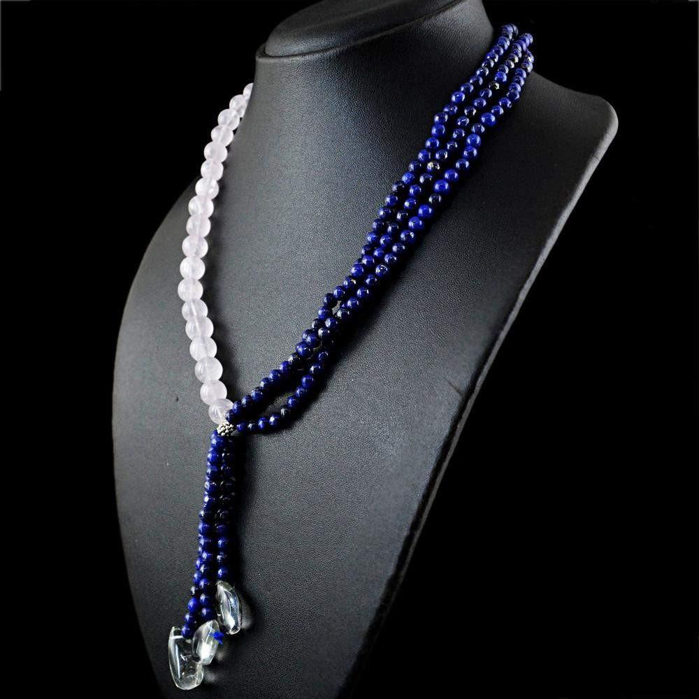 gemsmore:Designer Natural Pink Rose Quartz & Blue Lapis Lazuli Necklace Round Shape Beads