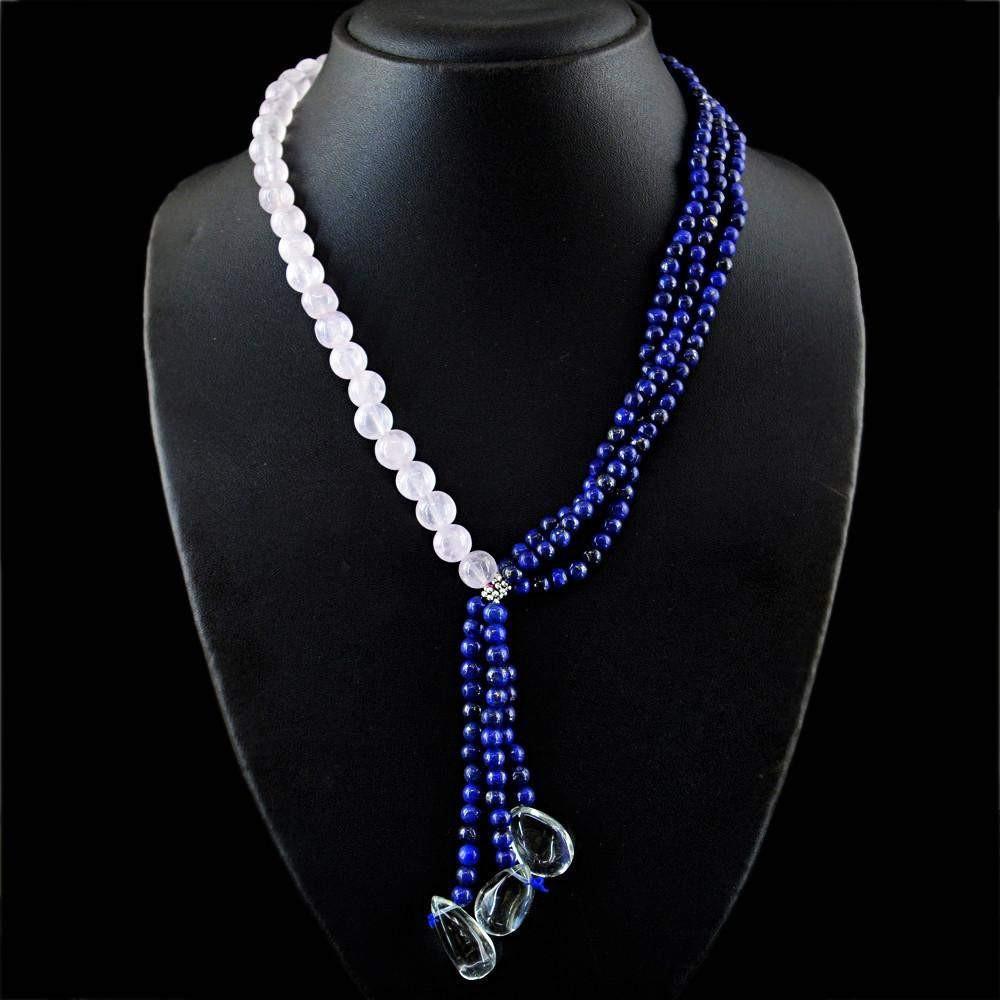 gemsmore:Designer Natural Pink Rose Quartz & Blue Lapis Lazuli Necklace Round Shape Beads