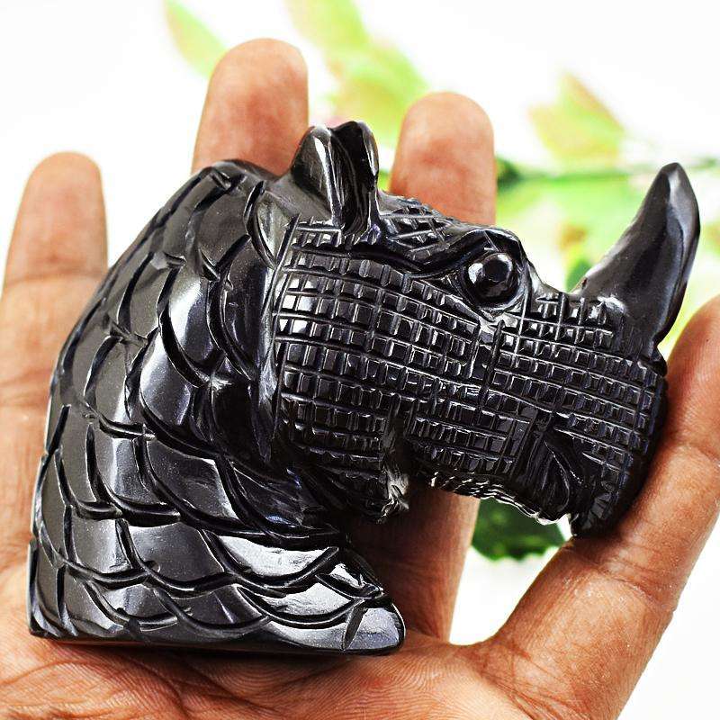 gemsmore:Detailed Carved Black Spinel Rhinoceras Head