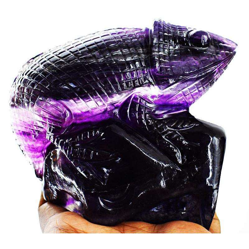 gemsmore:Detailed Carved Purple Fluorite Chameleon Statue