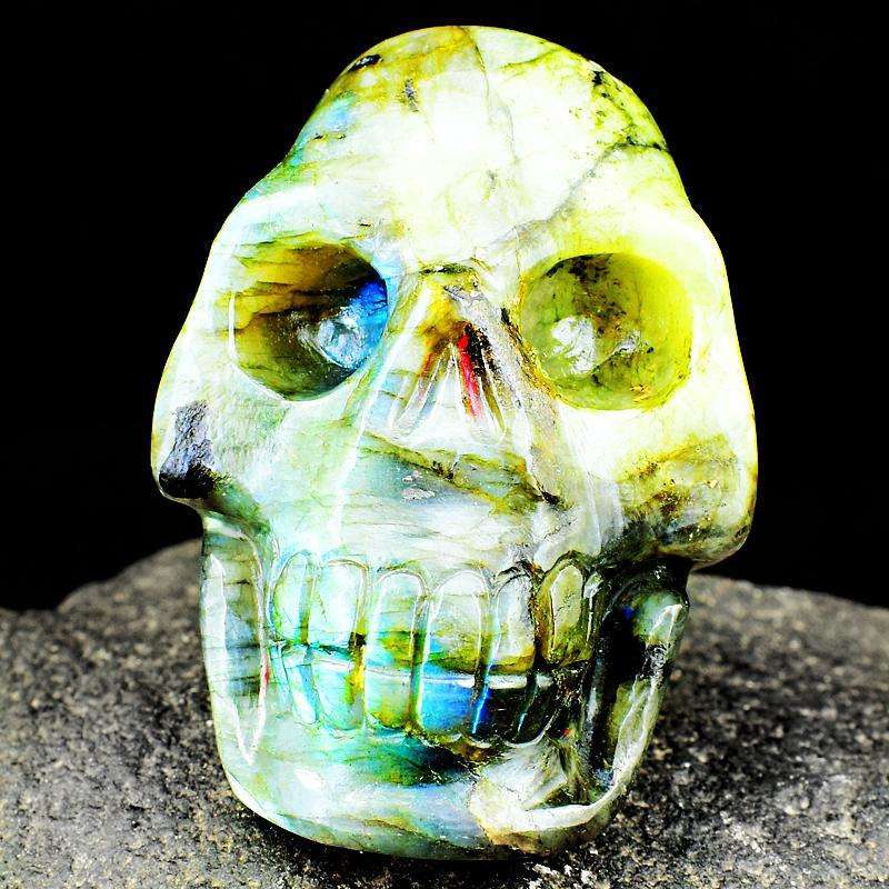 gemsmore:Detailed Hand Carved Amazing Flash Labradorite Skull