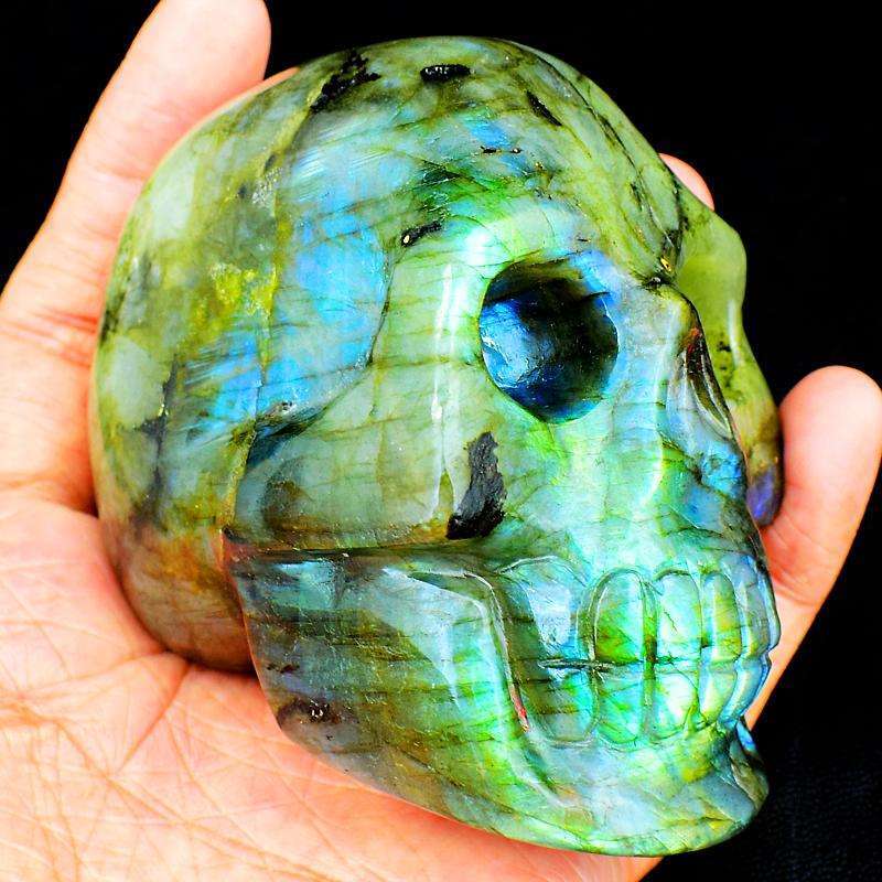 gemsmore:Detailed Hand Carved Amazing Flash Labradorite Skull