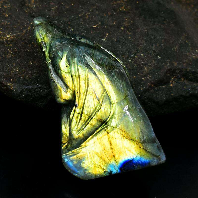 gemsmore:Detailed Hand Carved Dog Amazing Flash Labradorite Head