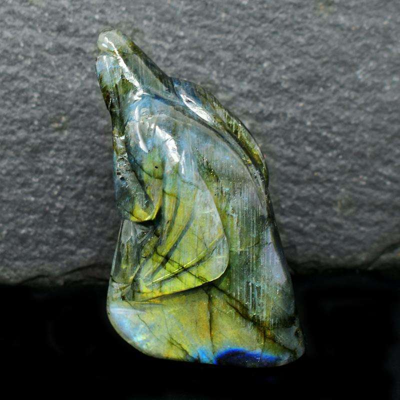 gemsmore:Detailed Hand Carved Dog Amazing Flash Labradorite Head