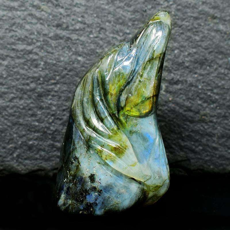gemsmore:Detailed Hand Carved Dog Amazing Flash Labradorite Head