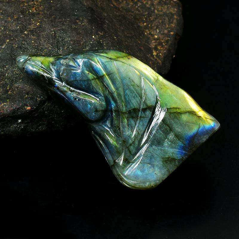 gemsmore:Detailed Hand Carved Dog Amazing Flash Labradorite Head