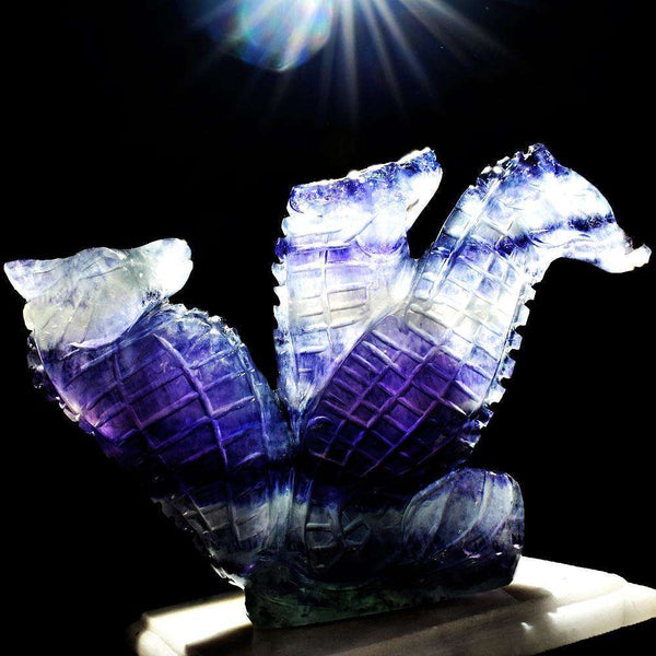 gemsmore:Detailed Hand Carved Multicolor Fluorite Triplet Seahorse