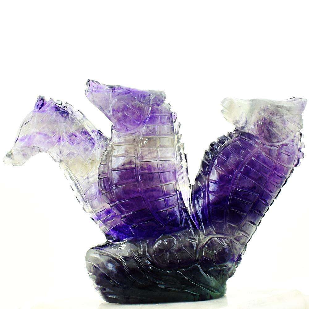 gemsmore:Detailed Hand Carved Multicolor Fluorite Triplet Seahorse