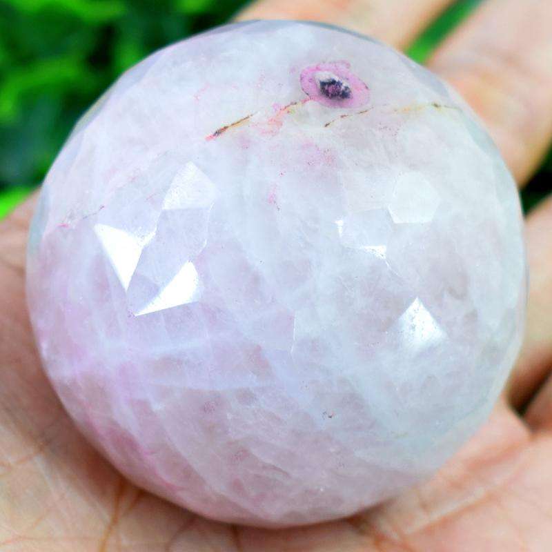 gemsmore:Drilled Pink Rose Quartz Faceted Carved Healing Ball