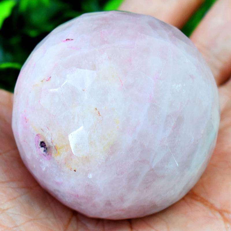 gemsmore:Drilled Pink Rose Quartz Faceted Carved Healing Ball