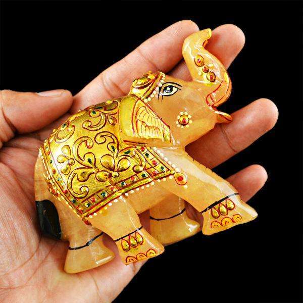 gemsmore:Enamel Painted Orange Aventurine Hand Carved Gemstone Elephant