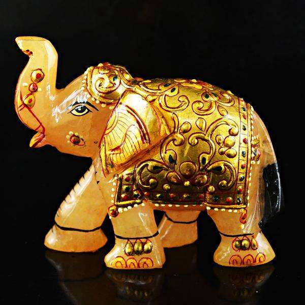 gemsmore:Enamel Painted Orange Aventurine Hand Carved Gemstone Elephant