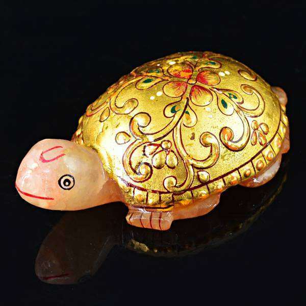 gemsmore:Enamel Work Pink Rose Quartz Carved Turtle Gemstone