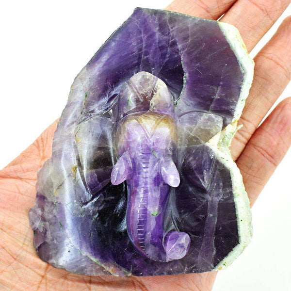 gemsmore:Engraved Amethyst Chiastolite Carved Lord Ganesha Rock