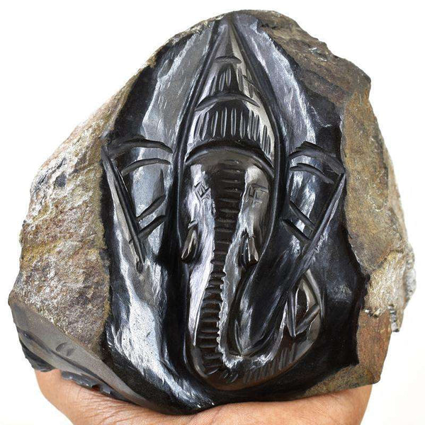 gemsmore:Engraved Black Spinel Carved Lord Ganesha Rock