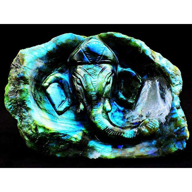 gemsmore:Engraved Blue Flash Labradorite Carved Lord Ganesha Rock