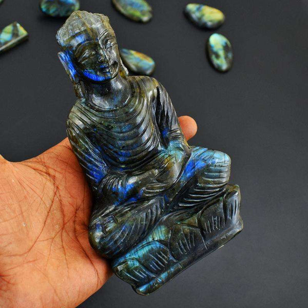 gemsmore:EXCLUSIVE Amazing Blue Flash Labradorite Carved Buddha