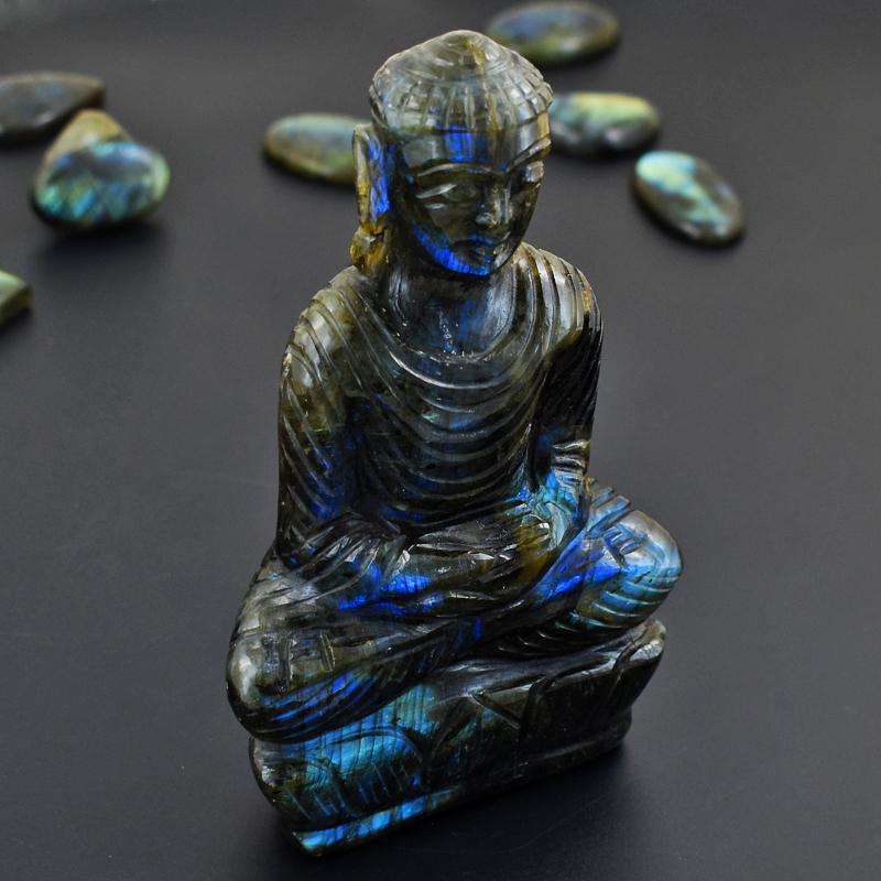 gemsmore:EXCLUSIVE Amazing Blue Flash Labradorite Carved Buddha