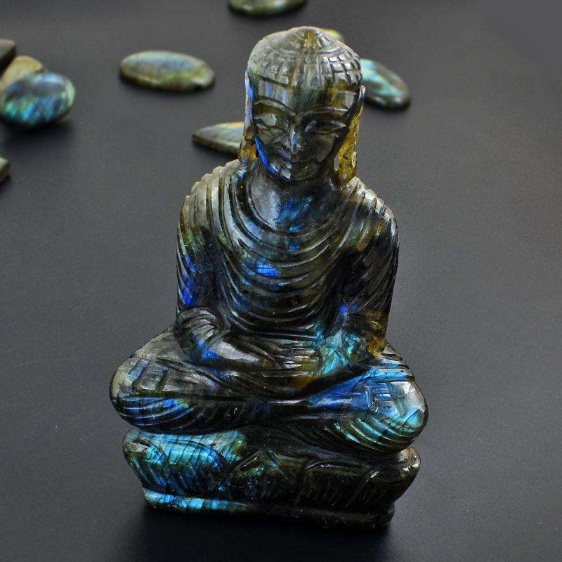 gemsmore:EXCLUSIVE Amazing Blue Flash Labradorite Carved Buddha