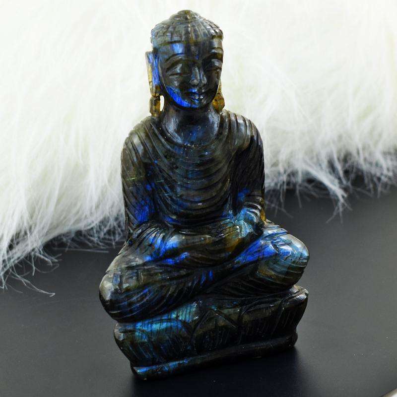 gemsmore:EXCLUSIVE Amazing Blue Flash Labradorite Carved Buddha