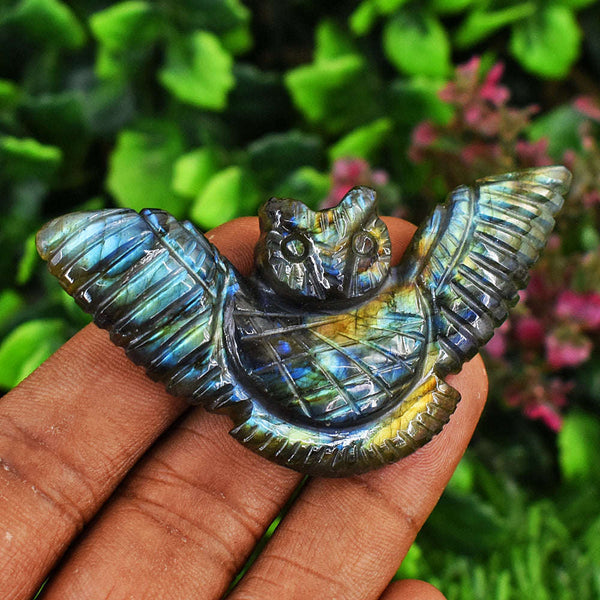 gemsmore:Exclusive Amazing  Flash Labardorite Carved Owl