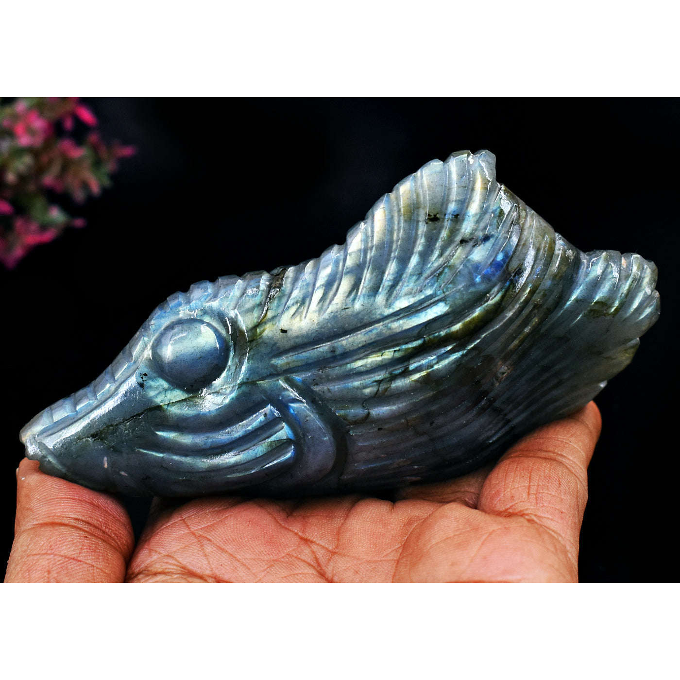 gemsmore:Exclusive  Amazing Flash  Labradorite Detailed Hand Carved Gemstone Fish