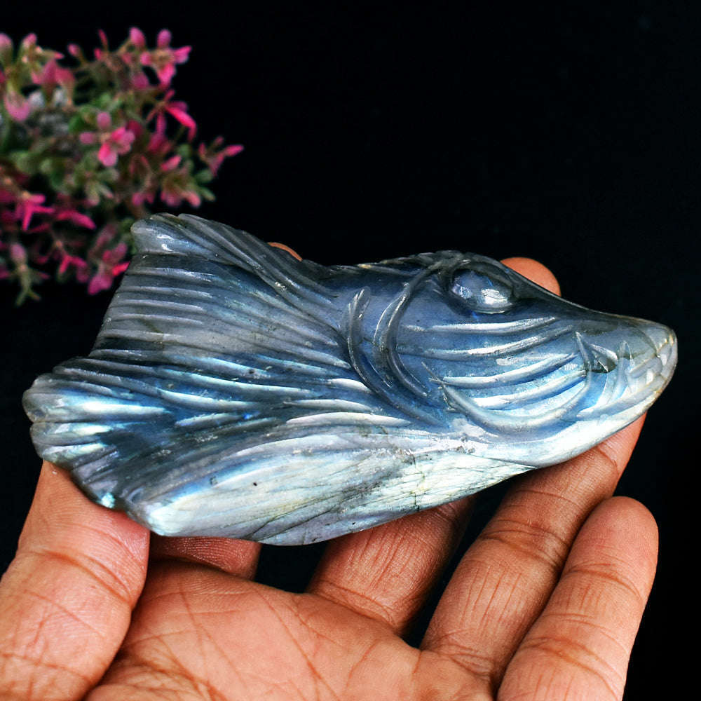gemsmore:Exclusive  Amazing Flash  Labradorite Detailed Hand Carved Gemstone Fish