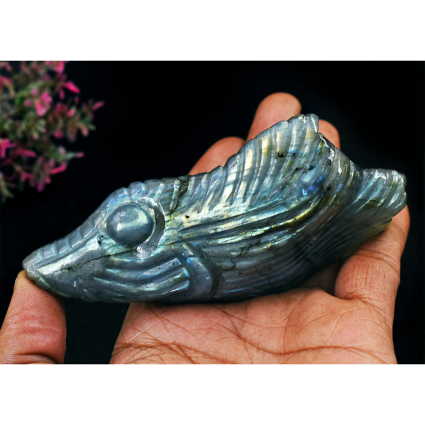 gemsmore:Exclusive  Amazing Flash  Labradorite Detailed Hand Carved Gemstone Fish