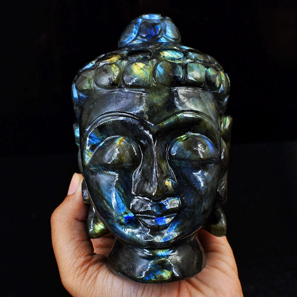 gemsmore:Exclusive Amazing Flash Labradorite Hand Carved Buddha Head Idol