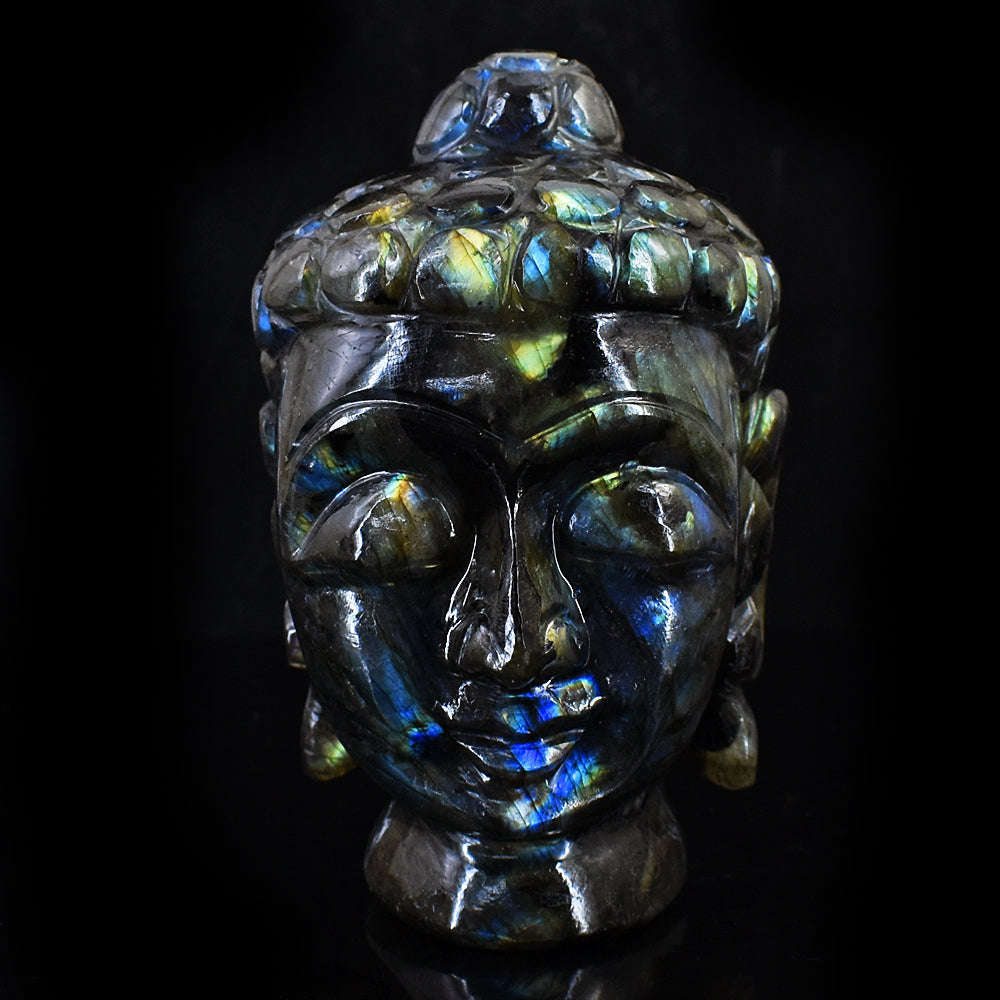 gemsmore:Exclusive Amazing Flash Labradorite Hand Carved Buddha Head Idol