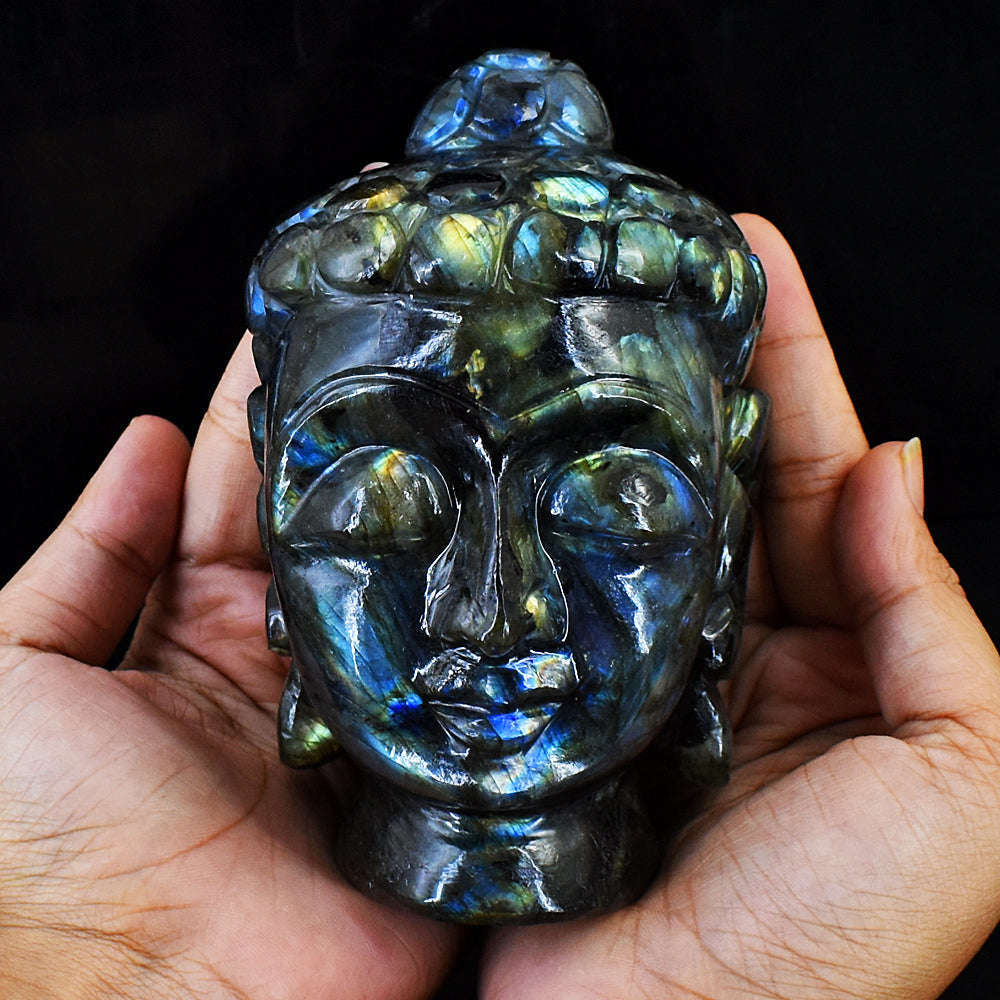 gemsmore:Exclusive Amazing Flash Labradorite Hand Carved Buddha Head Idol