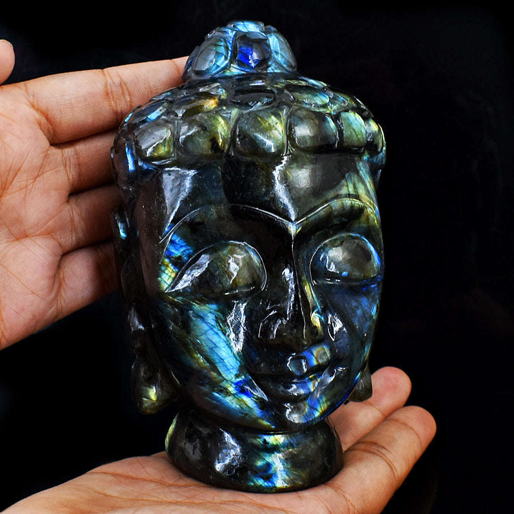 gemsmore:Exclusive Amazing Flash Labradorite Hand Carved Buddha Head Idol