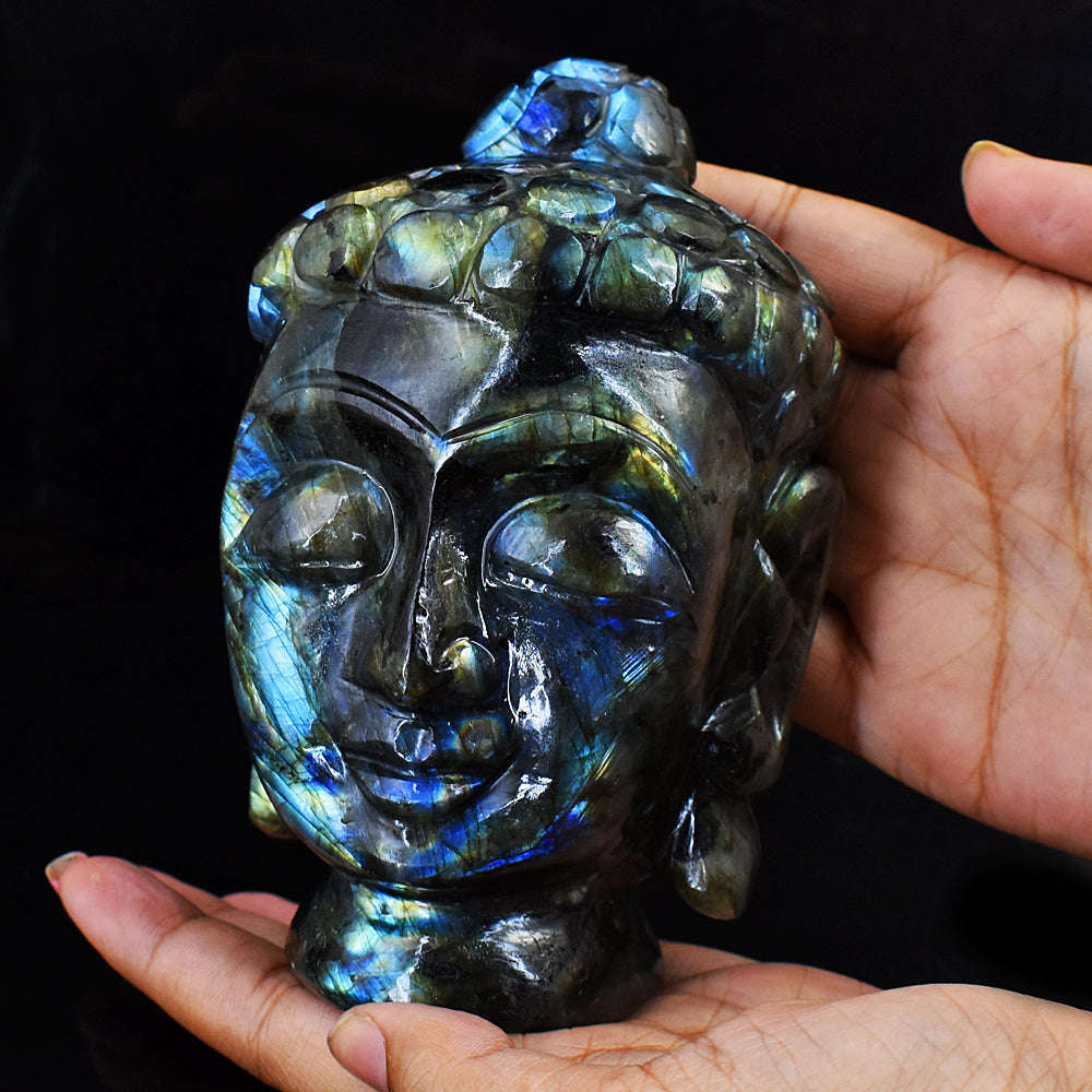 gemsmore:Exclusive Amazing Flash Labradorite Hand Carved Buddha Head Idol