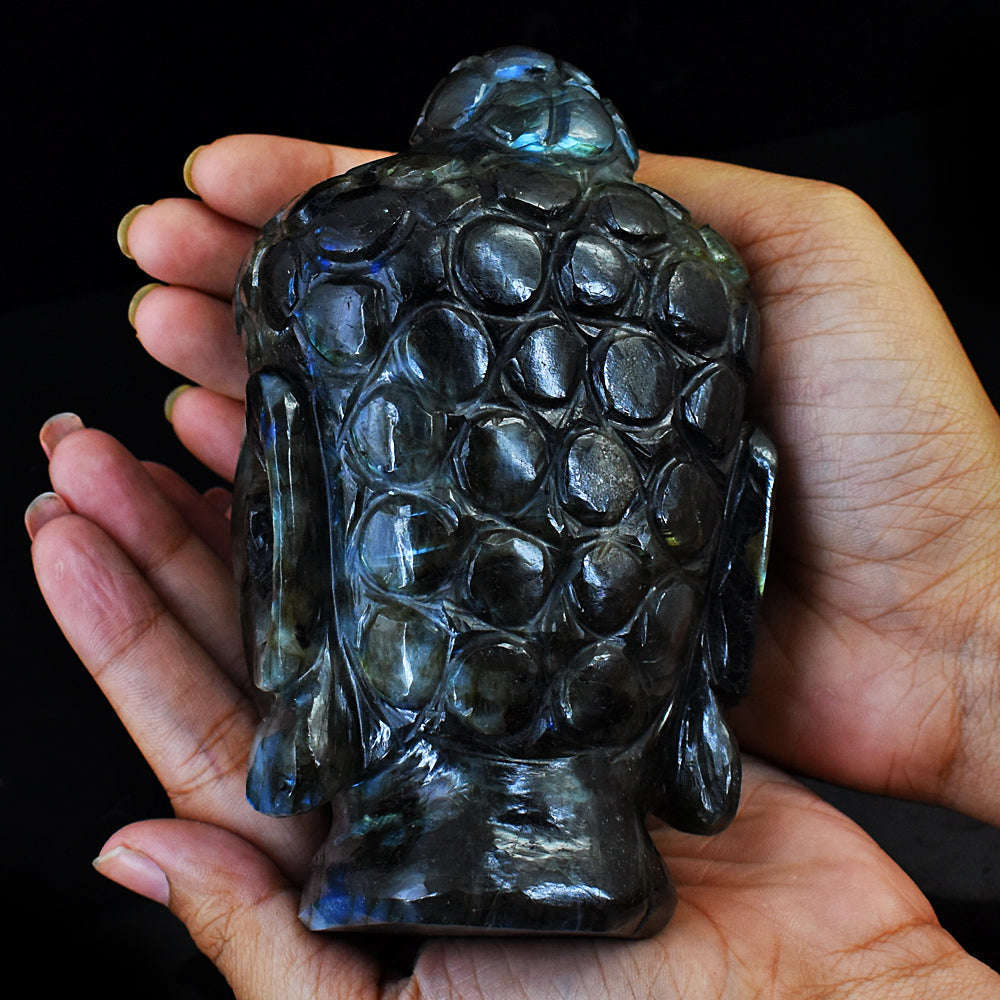 gemsmore:Exclusive Amazing Flash Labradorite Hand Carved Buddha Head Idol