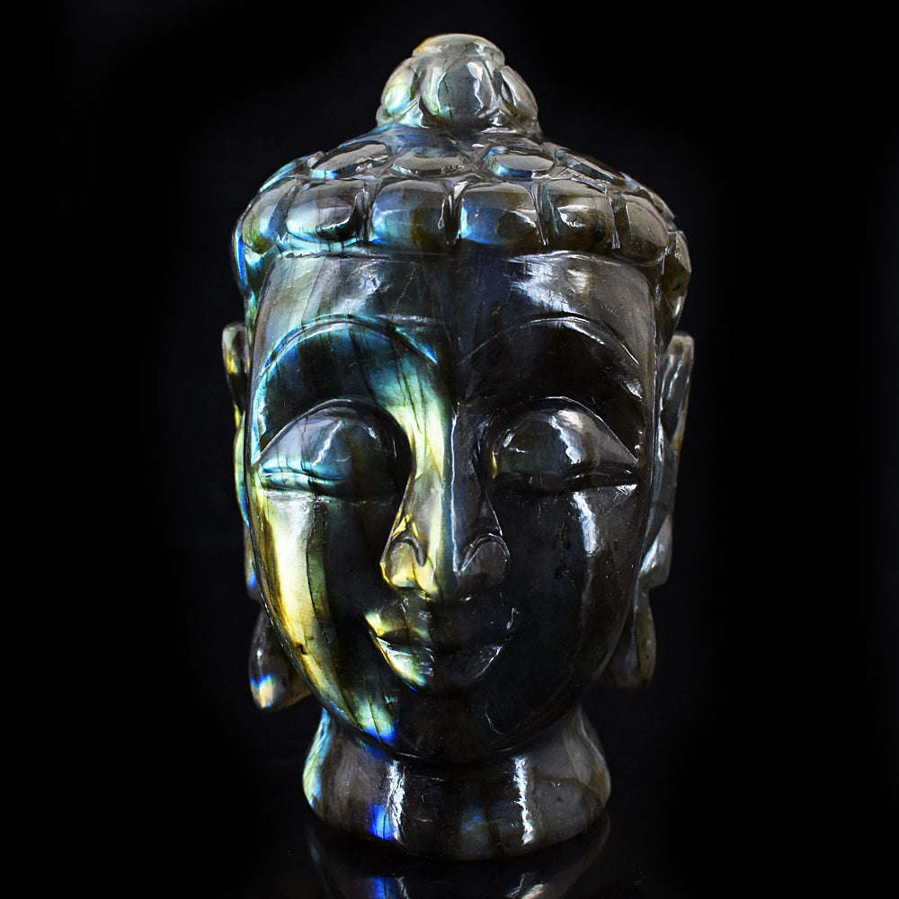 gemsmore:Exclusive Amazing Flash Labradorite Hand Carved Genuine Crystal Carving Buddha Head