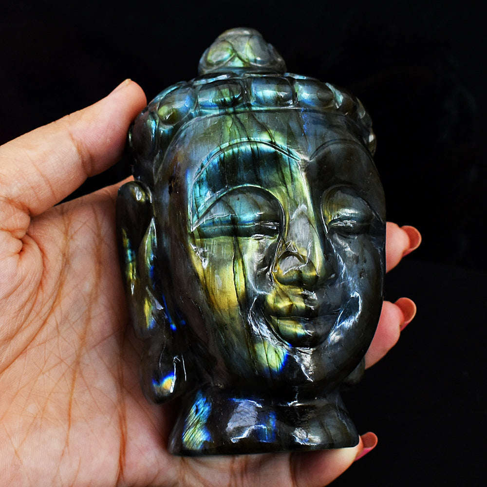 gemsmore:Exclusive Amazing Flash Labradorite Hand Carved Genuine Crystal Carving Buddha Head