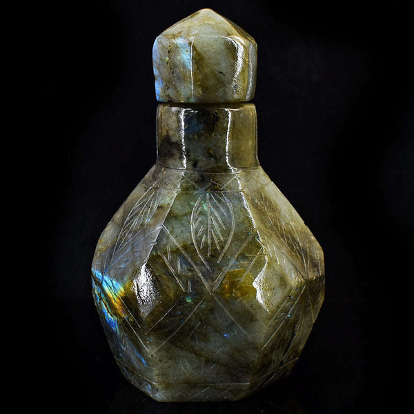gemsmore:Exclusive Amazing Flash Labradorite  Hand Carved Genuine Crystal Gemstone Carving Perfume Bottle