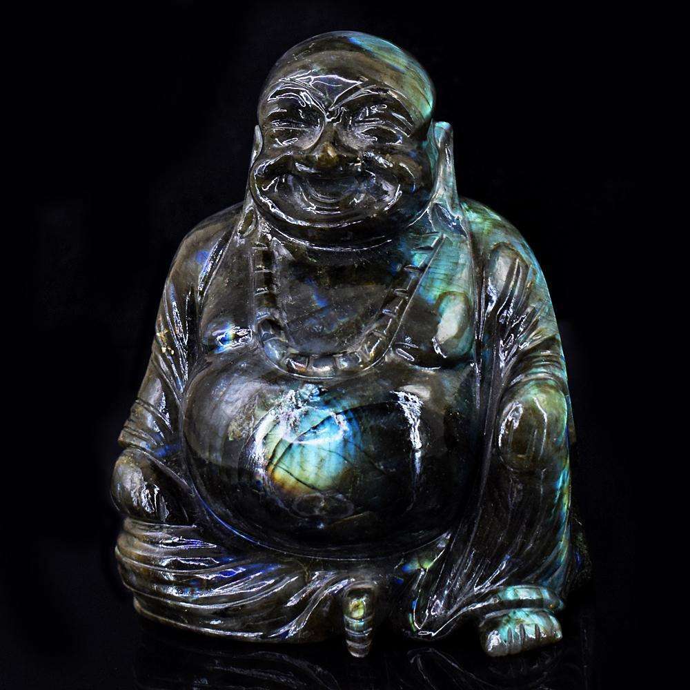 gemsmore:Exclusive Amazing Flash Labradorite Hand Carved Laughing Buddha